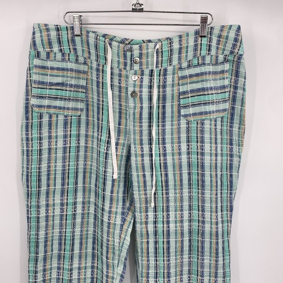 Sundance Gigi Pants Womens Sz XL Blue Green Plaid Striped Cotton Wide Leg Travel - Picture 3 of 11
